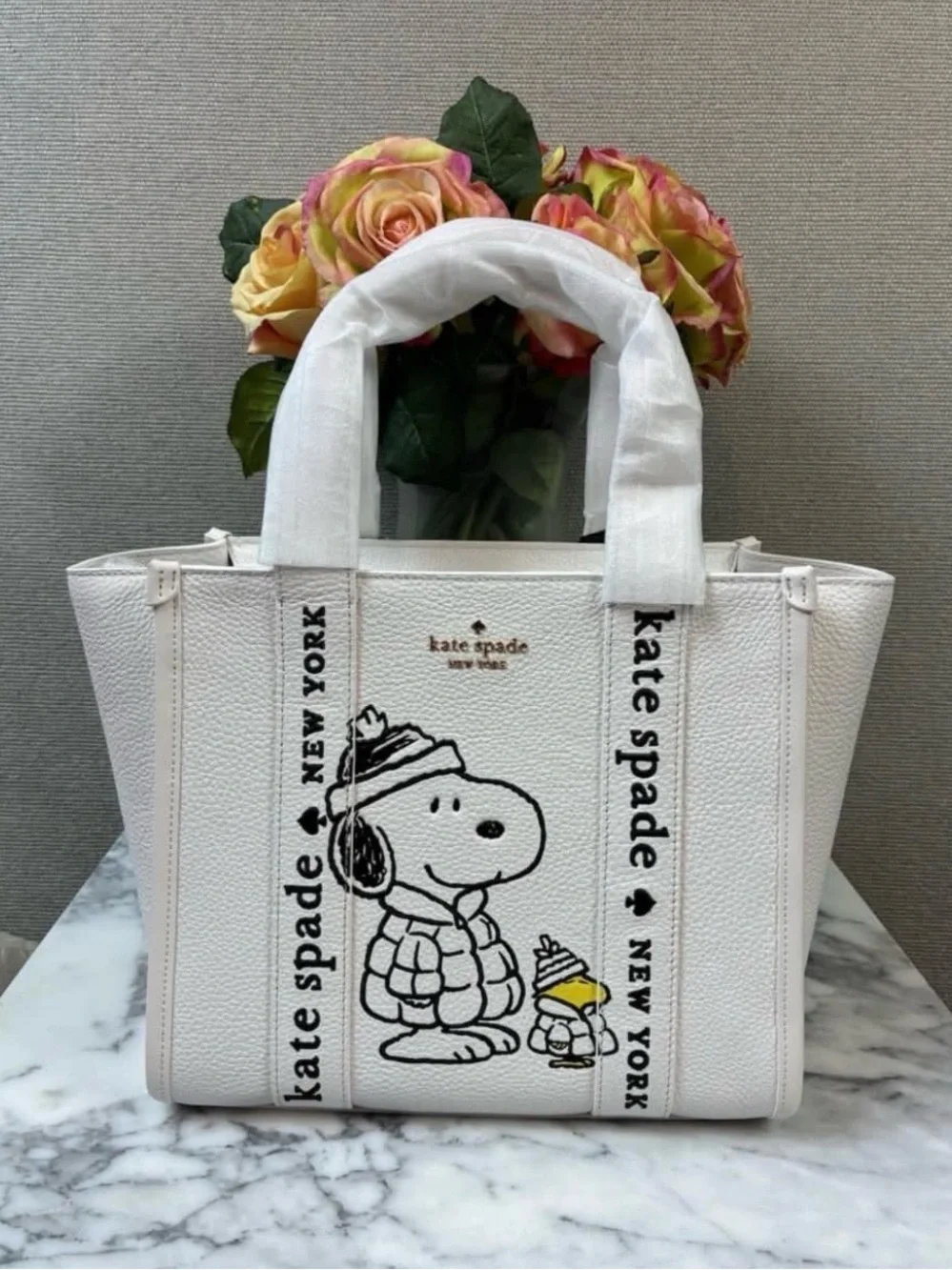 kate spade White Canvas Snoopy Tote with Black Graphic and Yellow Accent